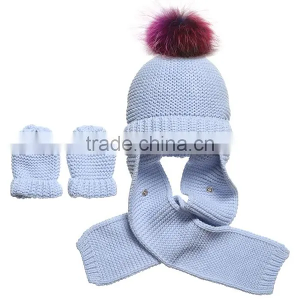 Myfur Newest Design Baby Cotton Hat and Scarf With Real Raccoon Fur Pom Pom photo-2