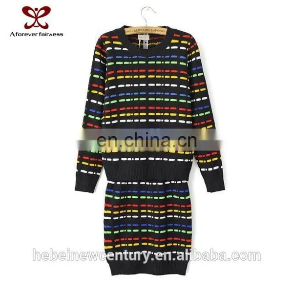 2015 Women Fashion Dress Autumn New Arrive Autumn Europe America Chromatic Stripe Sweater Knitting Bag Hip Skirt Two Piece Dress