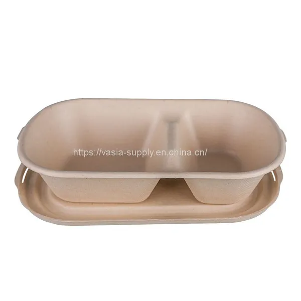 Disposable Biodegradable Bagasse Sugarcane Pulp Bento Box 1000ml 2- Compartment Container photo-2