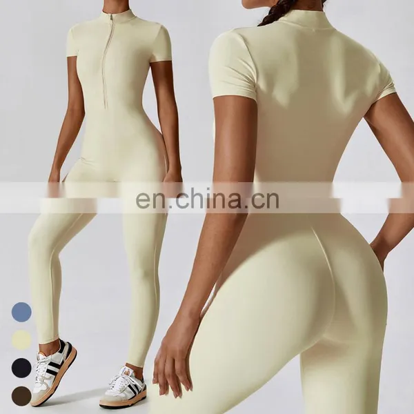 Custom Activewear Quick Dry Breathable Zipper Short Sleeve Leggings Jumpsuit Workout Rompers Jumpsuits Playsuits Bodysuits photo-5