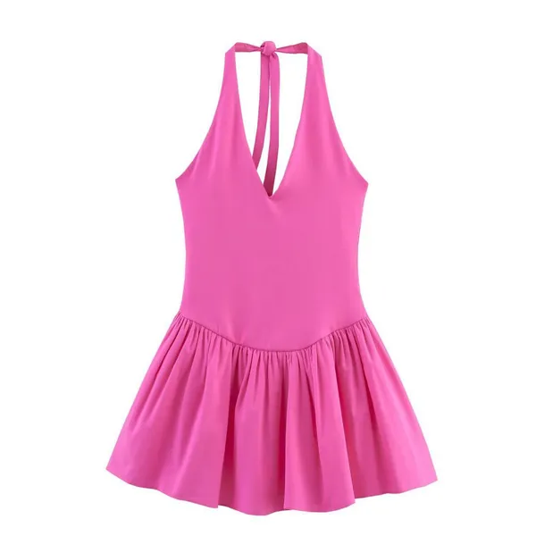 2025 New European and American Fashion Hanging Neck Collar Splicing Dress photo-5