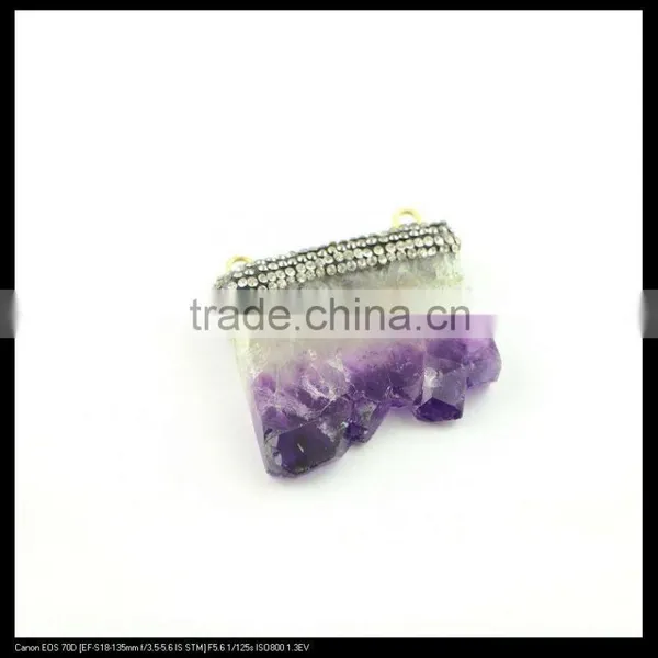 LFD-0086P ~ Wholesale Natural Amethyst Druzy Slice Double Bail Pendant Crystal Rhinestone Paved Cap Pendants photo-2
