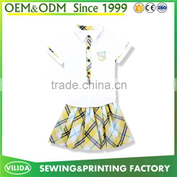 Hot Selling Kindergarten Uniform New Fashion Primary School Uniform White Shirt and Yellow Checked Shorts or Skirt photo-6