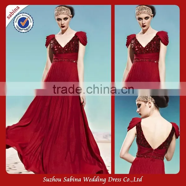 Se56 Sexty Crimson Chiffon Empire Sequins Pleats Low Back Long Evening Dress