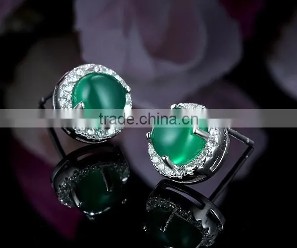 Silver Stering Natural Jade With Paving Setting Ear Studs for Women photo-4