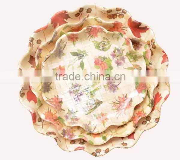 Color Picture Wave Lace Edge Bamboo Woven Wooden Veneer Serving Plate and Bowl Set for Bar Club and Event