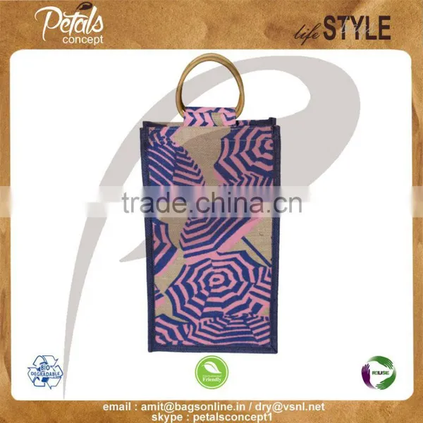 PP Laminated Jute Two Bottle Wine Bag With Window & With Wooden Cane Handle With Inside Partition photo-2