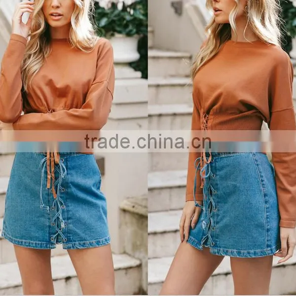 B22623A Europe Ladies Fashion Waist Bandage Blouse T-shirt