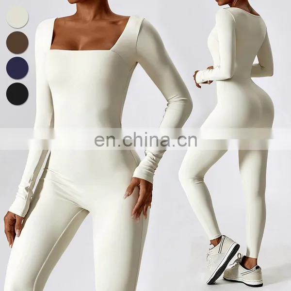 Custom Fitness Rompers Sexy Workout Wear Bodysuit One Piece Jumpsuits Long Sleeve Square Neck Women Gym Yoga Jumpsuit photo-4