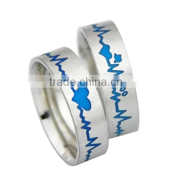 SRR0047 China Wholesale Jewelry Heart Beat Ring Blue Enamel Heart Rate Custom Stainless Steel Wedding Ring