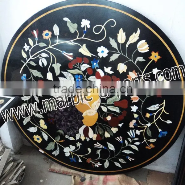 Black Inlaid Pietra Dura Round Table Top photo-2