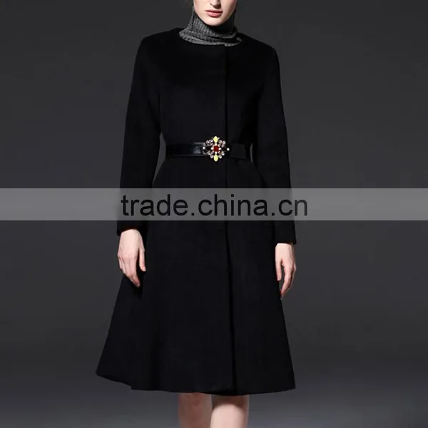 Cheap Wholesale Autumn Winter Heavy Wool Coat Elegant Ladies O-Neck A-Line Medium-Long Woolen Trench Outerwear Female Jackets photo-3
