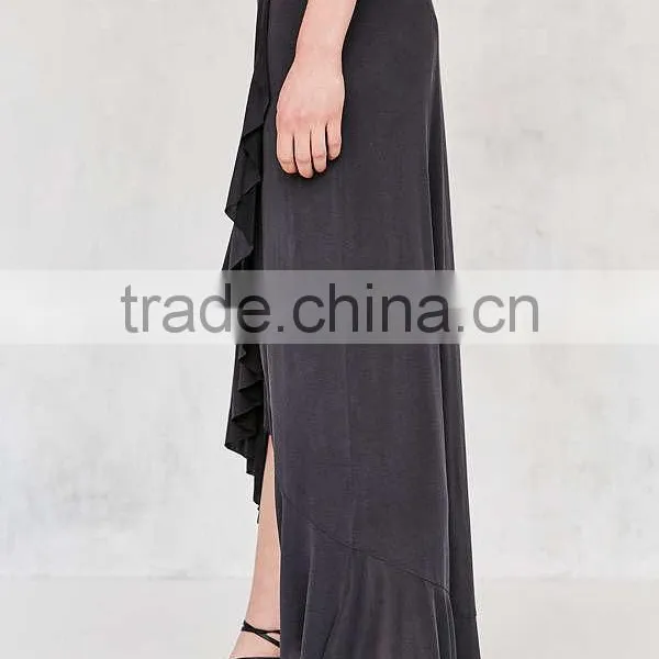 Women Fashion Plain Dyed Spandex Cotton Fashion Summer Ruffle Wrap Long Jersey Maxi Skirt photo-3