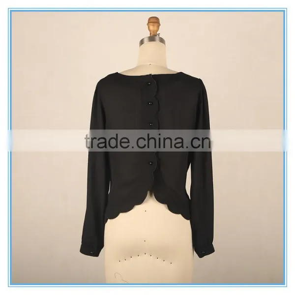 New Design Ladies Back Button Design Petals Hem Long Sleeve Blouse photo-3