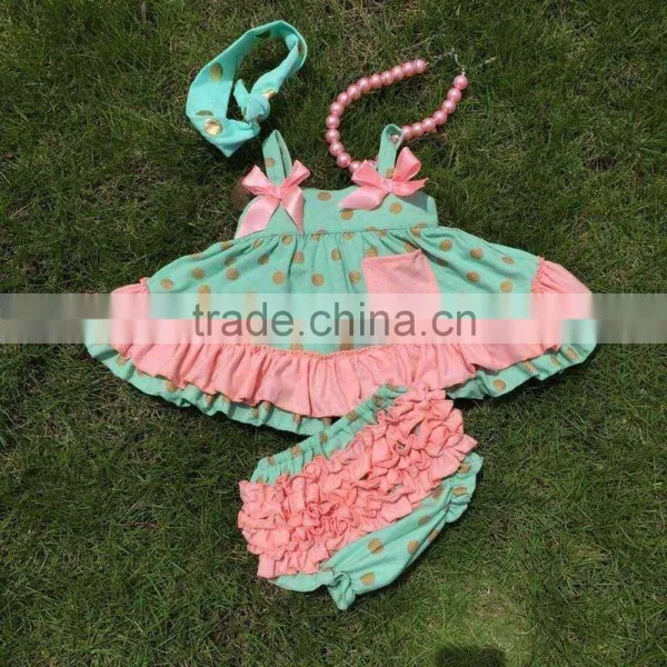 in Stock Golden Polka Dot Swing Top Sets Newborn Girl Clothes Kids Green Swing Top Sets With Necklace and Headband