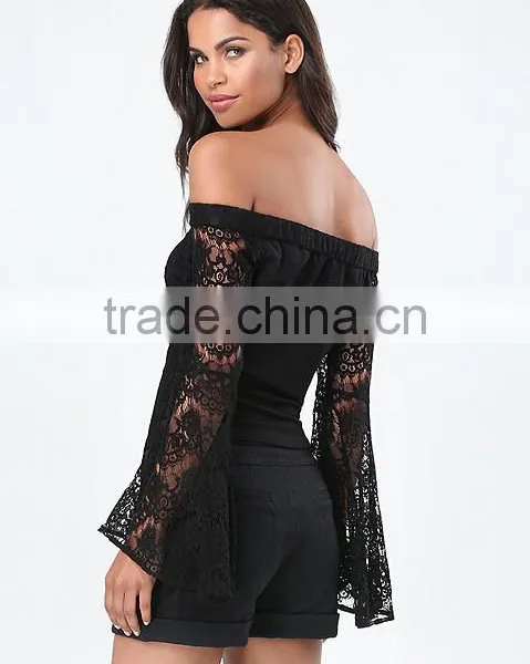 Clothes Woman Fashion Long Bell Sleeve Off-shoulder Lace Blouse Black for Wholesale 2017 photo-2