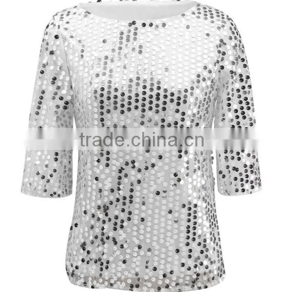 European Style 2017 Spring Women's Fashion Women's Sequin Blingbling T-shirt Brand photo-3