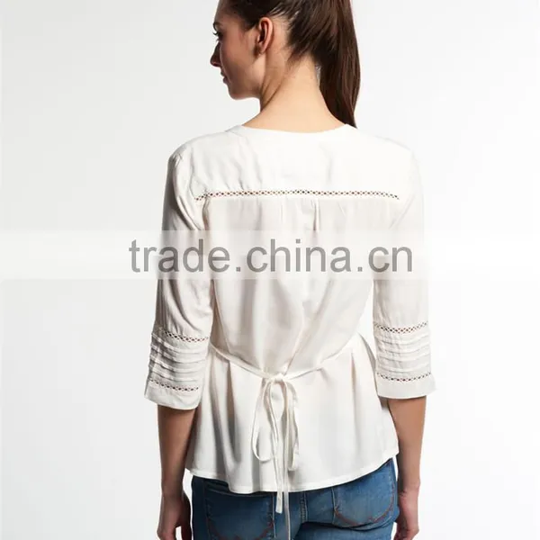 2016 Guangzhou Shandao OEM/ODM Custom Design Women Autumn 3/4 Sleeve V Neck Ruffle Bottom Cotton White Tops photo-2