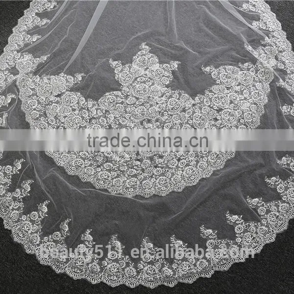 2017 Wholesale New Grance Long Lace Bridal Wedding Veil Long Tulle Emboried Lace Bridal Wedding Veils HL12 photo-4