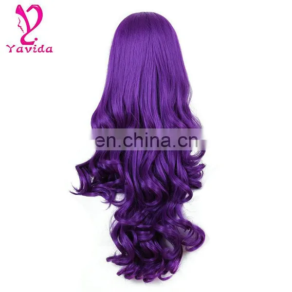 Wholesale Cheap Heat Resistant Fiber Hair Long Natural Wavy Side Bangs Purple Color Synthetic Machine Made Wig for White Women