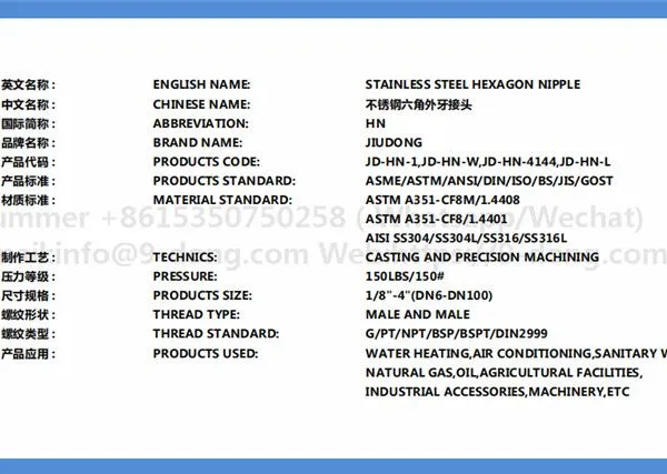Carbon Steel Stainless Steel 304 304L 316 316L Low Pressure Casting Fittings Thread Connector Hex Nipple photo-4