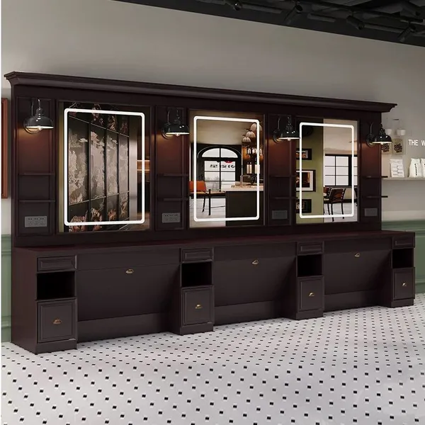 Newest Double Seat Barber Station With Mirror Black Barber Shop Stations Wood Barber Styling Station