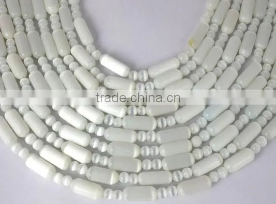5 Strands Natural White Monalisa Semi Precious Gemstone Beads,Approx-5mm Round And 5x11mm Tube Shape Beads 15" Long,Cat'