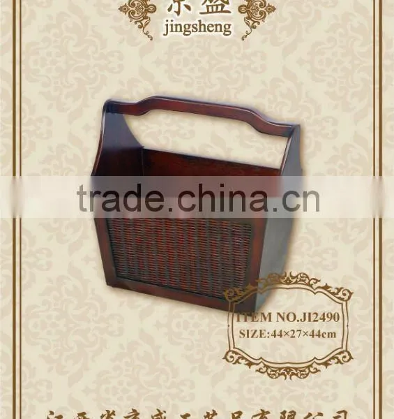 Wood and rattan hanging newspaper holder