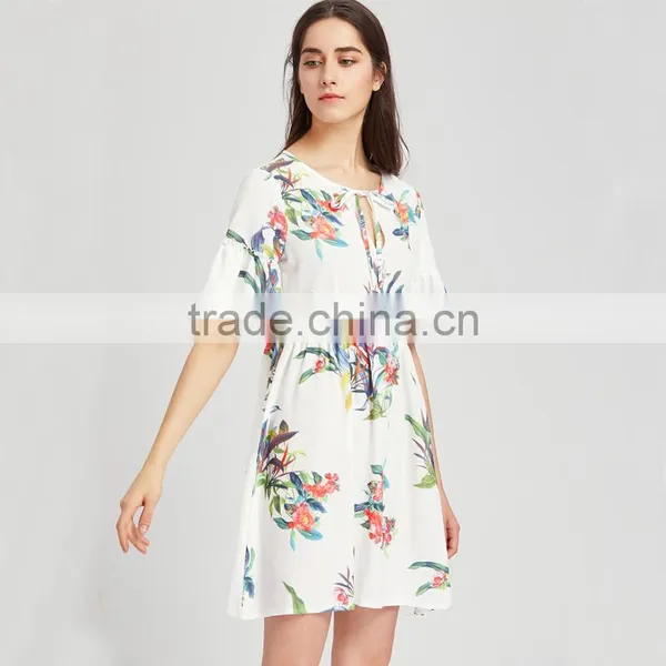 WHITE Flower Designed Short Dress, Women Chiffon Short Sleeve Dress photo-4