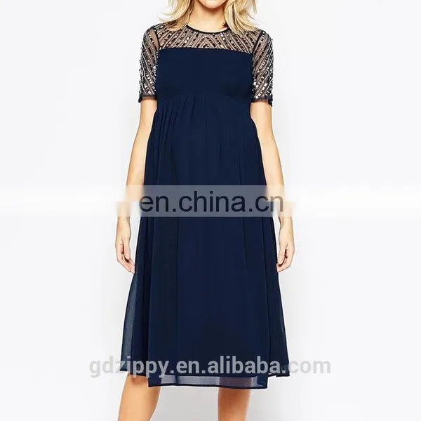 Short Sleeve Bead Top Detail Navy Chiffon Maxi Fashion Maternity Prom Dress photo-2