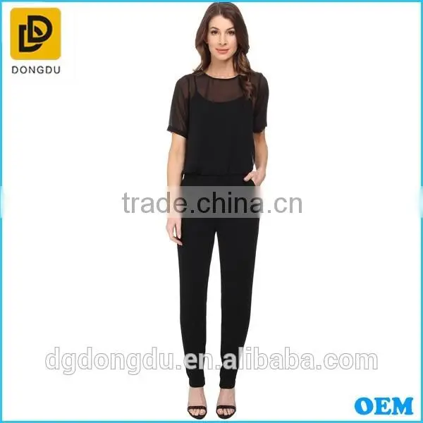 Latest Style Hot Sale Illusion Short Sleeves Elasticized Waist Jumpsuit For Women photo-4