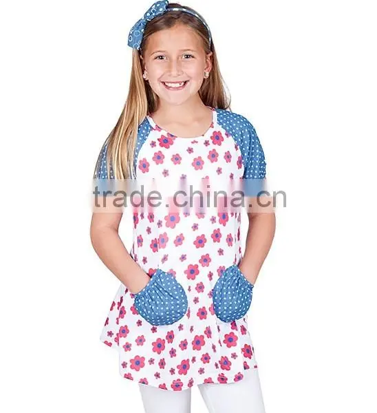 Pictures of Girls Cotton Tops 2016 Kids Printed Floral Pocket Tunic Tops photo-2