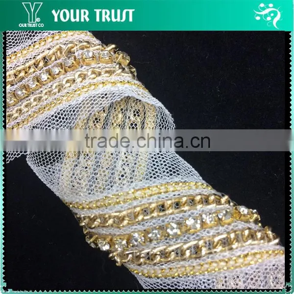 Cross Line Transparent Bugle White Pearls White Organza Trimming photo-2