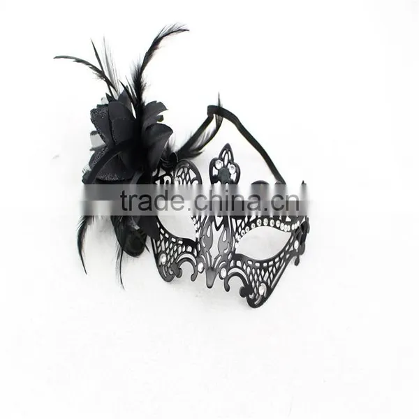 Black Metal Filigree Masquerade Mask Feathered Flower photo-2
