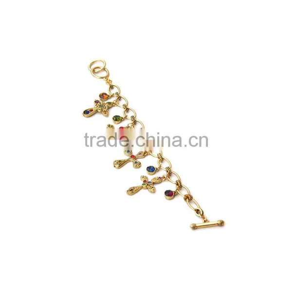 Colorful Rhinestone Cross Charms Gold Chain Bracelet Tiny Crystal Charms Goldfill Chain Bracelet photo-4
