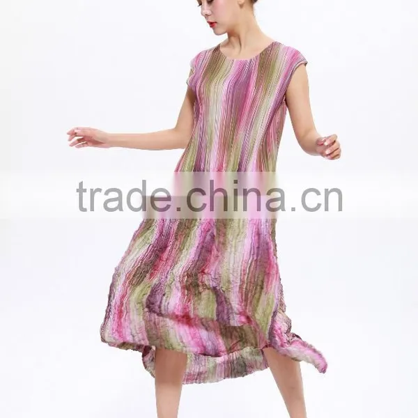 Women Latest Designs Colorful Printing Sleeveless Pleated Dresses photo-5