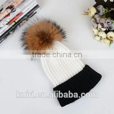 High Quality Cashmere Knitted Hat With Huge Big Fur Pompoms KR-H008 photo-2