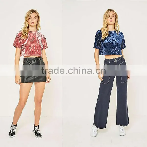 Slight Blink Crushed Velvet O-neck Short Sleeves Cropped t Shirt Tank Tops photo-2