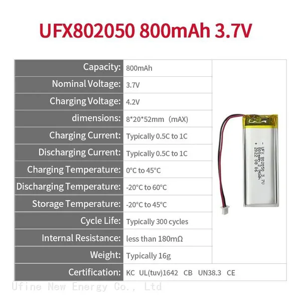 China Li-ion Cell Manufacturer Supply Cleansing Instrument Battery UFX 802050 800mAh 3.7V Li-po Battery photo-2