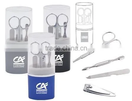 Promotional Gifts Cylinder Manicure Set Nail File Nail Clipper Tweezers and Curved Scissors