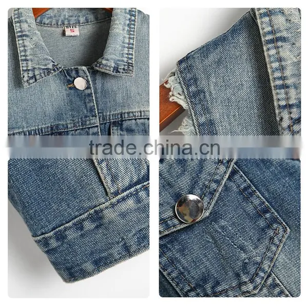 2016 New Style Women's Turn-down Collar Frayed Denim Waistcoat photo-4