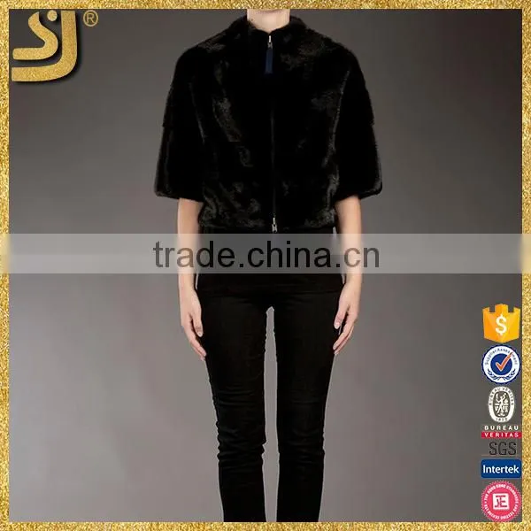 SHANGYI Black 3/4 Sleeve Zipper Cropped Fur Coat for Woman photo-6