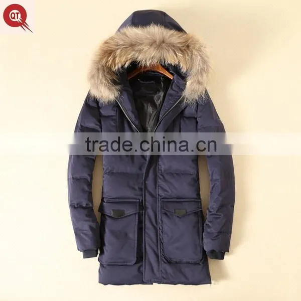 Latest Design Winter Duster Freezer Men Feather Goose Down Long Coats, Hoody Faux Fur Parka Winter Jacket Man