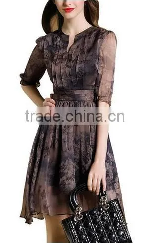 Women's V-Neck Vintage Flower Printed A-Line Casual Chiffon Dress photo-2