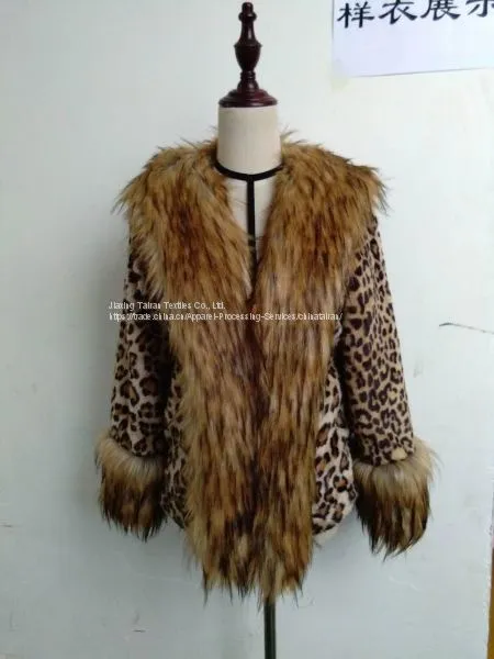 Women's Leopard Fake Fur Jgacket With Big Wool Collar, Clothin