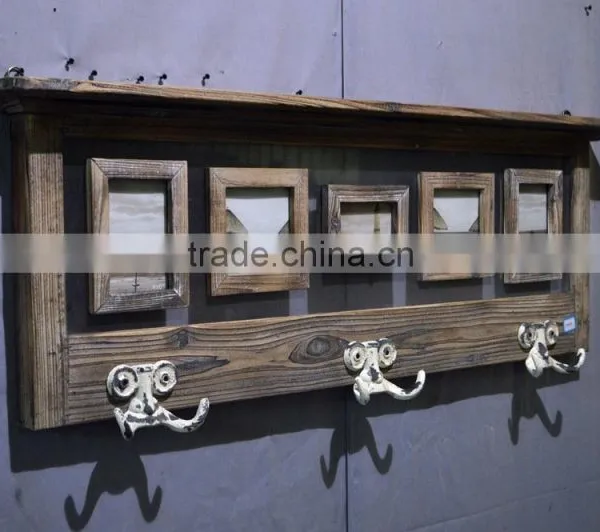 2016 Antique Wooden Wall Shelf With Photo Frame and Metal Hooks photo-2
