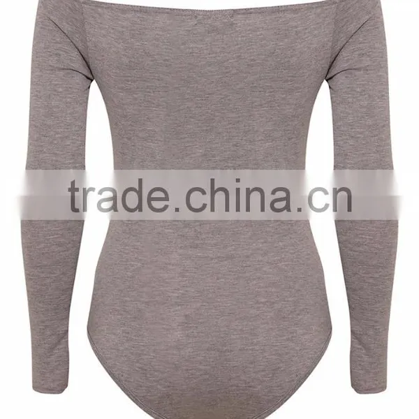 Women Underwear Plain Off Shoulder Sexy Tight Silm Fitness Basic Grey Round Neck Bodysuit photo-3