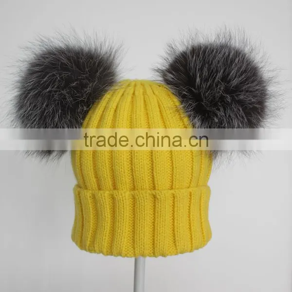 Myfur Yellow Color Wool Knitting Beanie Hat With Genuine Silver Fox Fur Pompoms photo-3