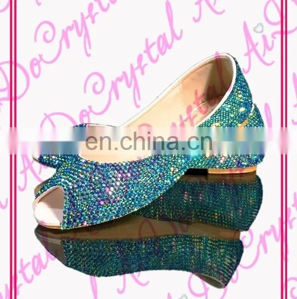 AB peacock blue crystal open toe luxury bridal flats