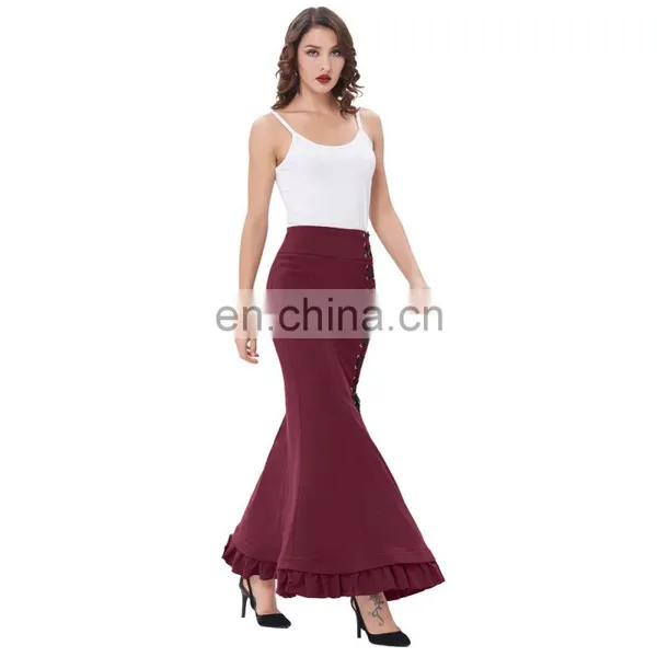 Belle Poque Womens High Stretchy Nylon-Cotton Vintage Retro Ruffled Fishtail Mermaid Victorian Style Wine Long Skirt BP000203-3 photo-4